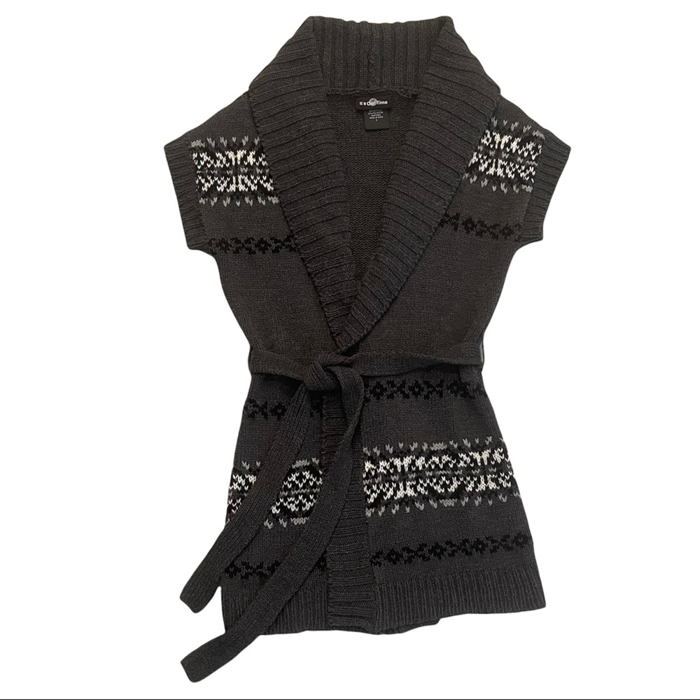 It’s Our Time Gray Short Sleeve Open Wrap Sweater with Removable Tie Belt Size S